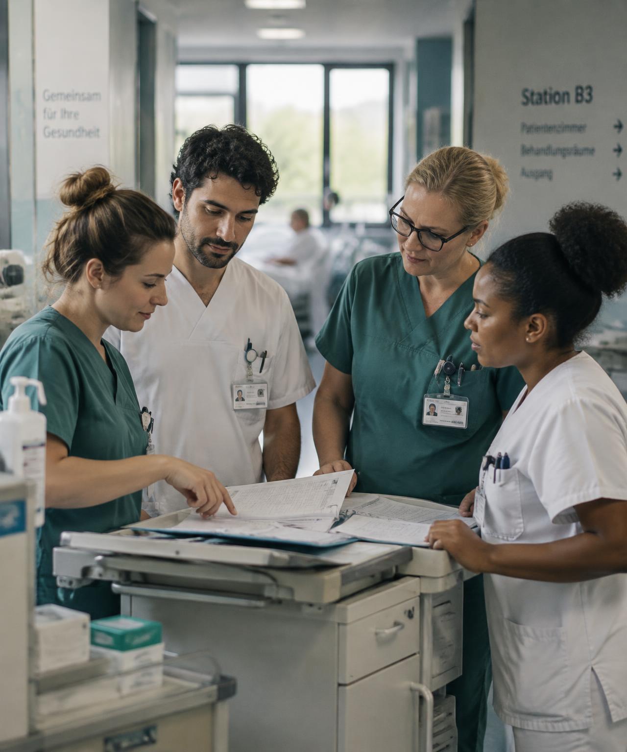 Nursing team discussing a patient file on a hospital ward